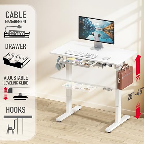 Image of SHW 40-Inch Electric Height Adjustable Standing Desk with Drawer, Memory Preset and Cable Management Tray, White