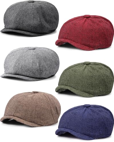 Image of Suhine 6 Pcs Newsboy Cap for Men Octagonal Hat 8 Panel Wool Blend Beret Flat Tweed Adjustable 22 to 24 Inch