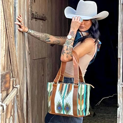 Bolso tote boho occidental de cuero y lana tejida miniatura 7