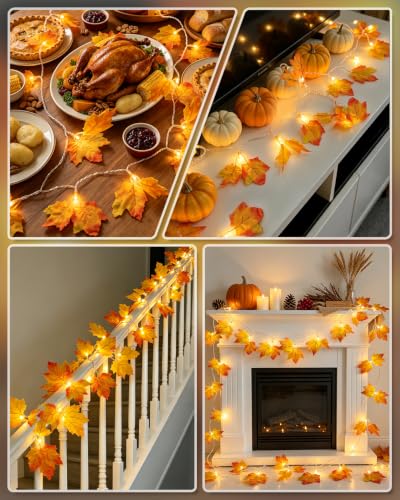 2-Pack Lighted Fall Garland, Total 16.4ft 40 LED Autumn String Lights