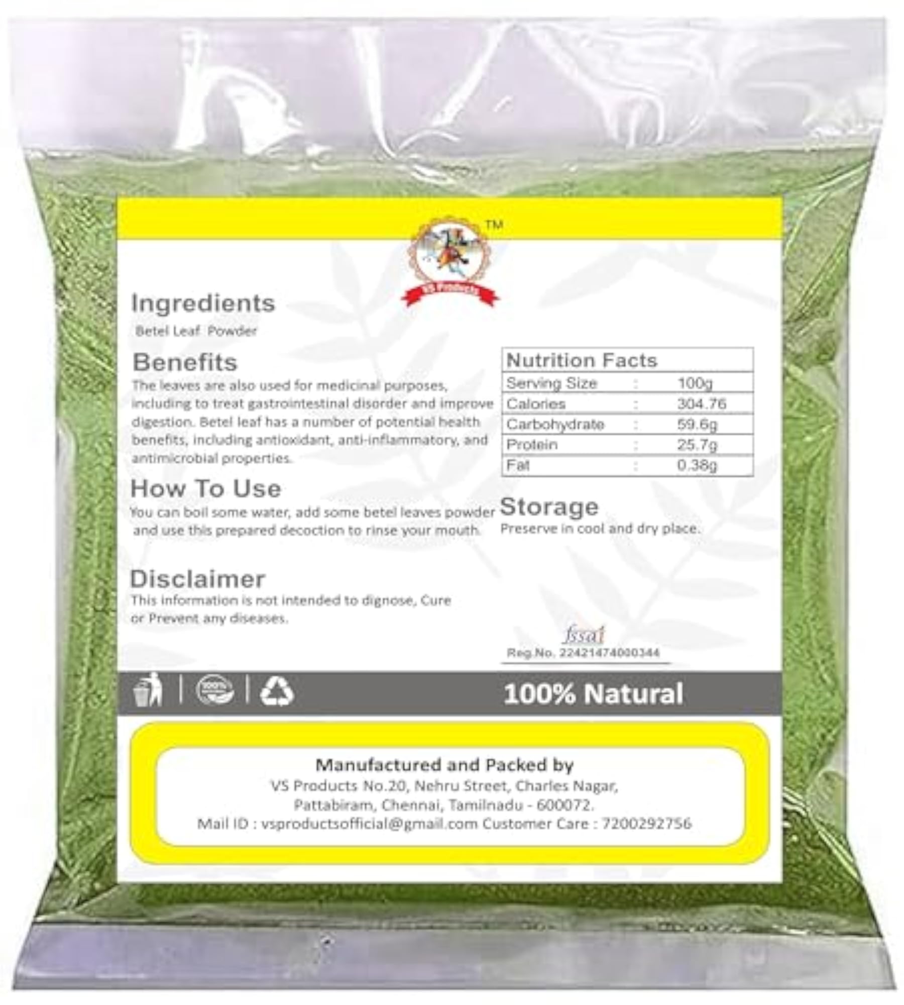 VS Products Betel Leaf Powder 950g, Paan Leaf