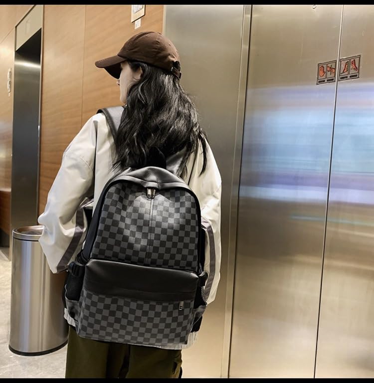 Checkered Aesthetic Backpack for Women Men Vintage PU Leather Cool Y2K Laptop Backpack Plaid Alt Emo Casual Daypack (One Size,Black) - Image 2