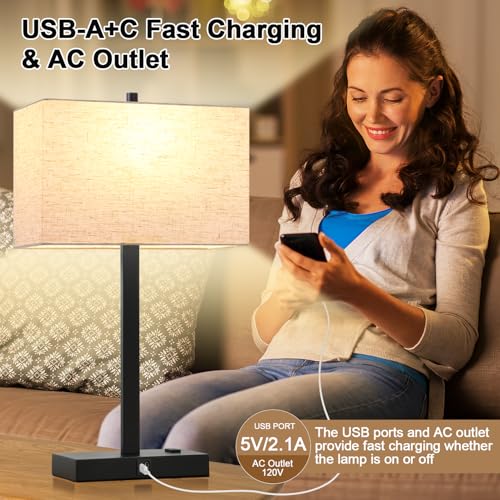 Image of Lynnoland 21 inch Set of 2 Table lamp with USB A+C & AC Outlets, Touch Control 3-Way Dimmable Nightstand Lamps for Bedroom Living Room Office Reading, Linen Shade Touch Lamps, 3000K LED Bulbs Included