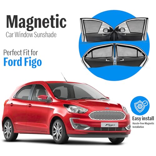 Image of Autofact Magnetic Car Sunshades Compatible with Ford Figo Old (2008 to 2014) (Set of 4) - Easy Installation, UV Protection (Front 2 Half-Cut for Side Mirror Visibility, Rear 2 with Zippers)