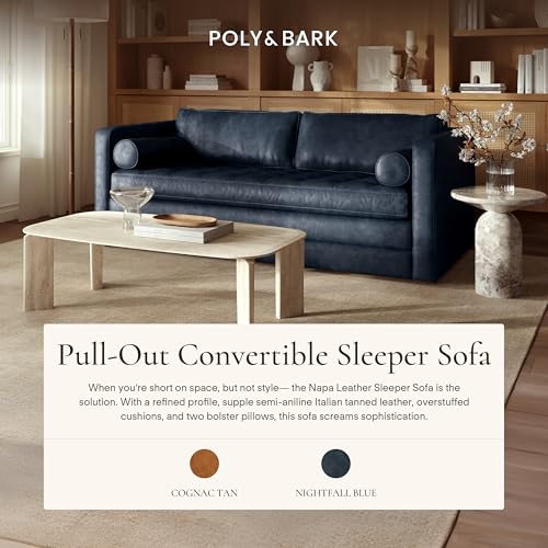 Image of Poly & Bark Napa 82 inch Leather Pull‑Out Sleeper Sofa - Full‑Grain Italian Leather Upholstery,Tri‑Layer Mattress & Storage Console -Sophisticated Multi‑Functional Sofa Bed for Living Rooms & Guest Spaces