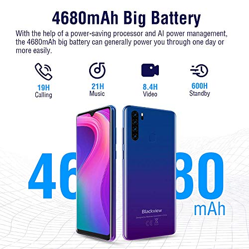 Blackview A80 Pro-6.49 inches Smartphone, 4GB RAM+64G ROM Unlocked Cell Phone with Quad Camera 13MP, 4680mAh Battery, 4G Global Version Dual SIM Phone, Fingerprint, Face ID - Black