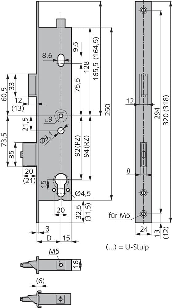 Serrure de panique série 200 - Fonction de fermeture E à 1 vantail avec verrouillage supplémentaire - Distance au canon : 44 mm - Manchon en U - Finition : CH-RZ perforée et sécurité de la serrure