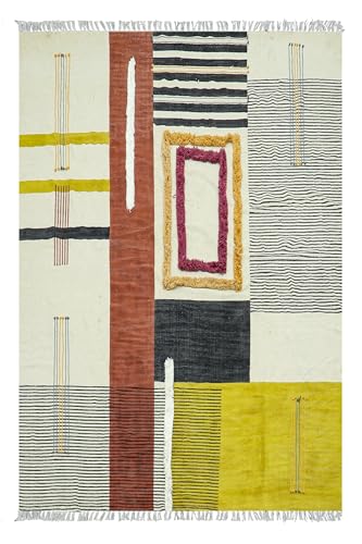 Area 5x7 Kilim Brown & Yellow Cotton Dhurrie Embroidery Design