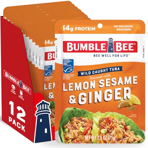 Image of Bumble Bee Lemon Sesame & Ginger Seasoned Tuna Pouch - Wild Caught and Ready to Eat for Snack, Salad, Korean Tuna Bowl - 14g Protein per Serving - 2.5 oz Packet (Pack of 12)