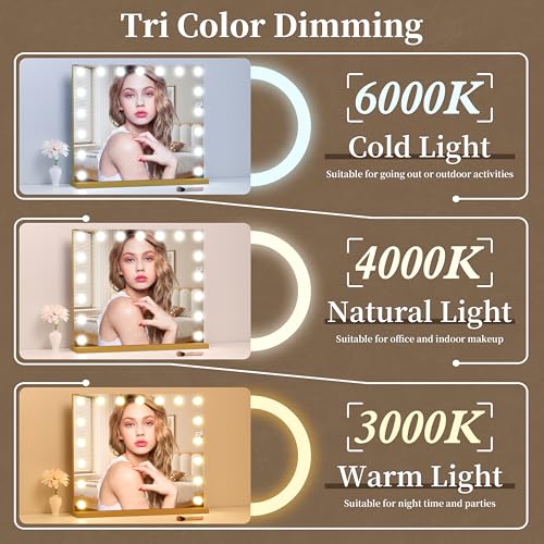 Image of Vanity Mirror with Lights 23.6''x20.5'' Makeup Mirror with Lights Lighted Up Mirror with Dimmable Bulbs,3 Color Lighting Modes,USB Charging Port Touch Control Design Gifts for Women Gold