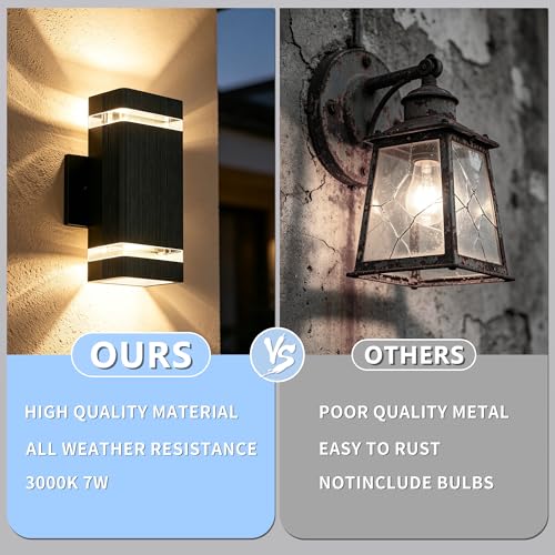 Image of JYV Outdoor Wall Lights, Square Up and Down LED Porch Lights, Black | Waterproof Exterior Lighting Fixtures, 2x7W 3000K Bulbs, Outdoor Lights for House Porch Garage Patio
