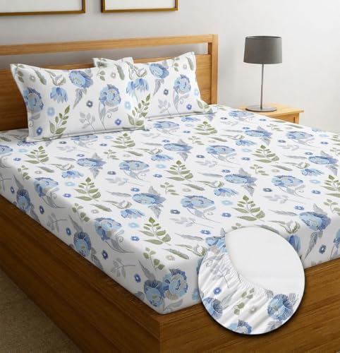 Image of IVAZA Ezyption Cotton Super Soft 240 TC Elastic Fitted All Around Elastic Printed King Size Double Bed Bedsheet with 2 Pillow Cover 72 inch X 78 inch3 White Grey