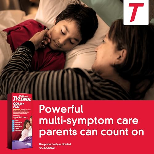 Image of Children's Tylenol Cold & Flu, Acetaminophen, Grape, 4 fl. oz | Multi-Symptom Relief, Fever & Pain Reliever, Cough Suppressant, Antihistamine, Decongestant