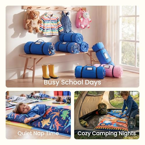Image of JOIEDOMI Toddler Sleeping Bag for Kids 55''x30'' Nap Mat with Removable Pillow and Minky Blanket for Toddler Ages 3-7 Roll Up Soft Kids Sleeping Bag for Boys Girls Kindergarten Daycare Sleepover