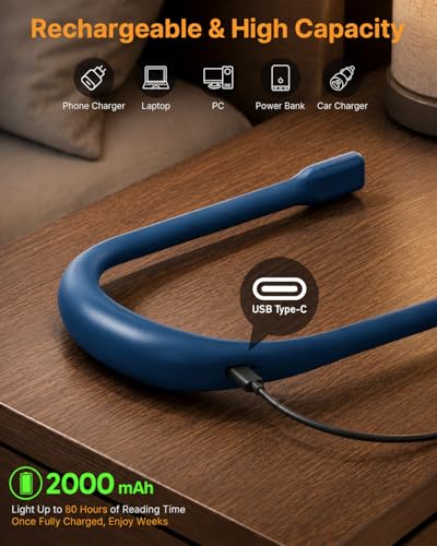 Image of Book Light with Power Display /Timer: Rechargeable 2000mAh 10-80Hrs Neck Reading Light Eye Caring 3 Color Dimmable Brightness Neck Light for Reading Knitting Crochet Accessories Quilting Supplies