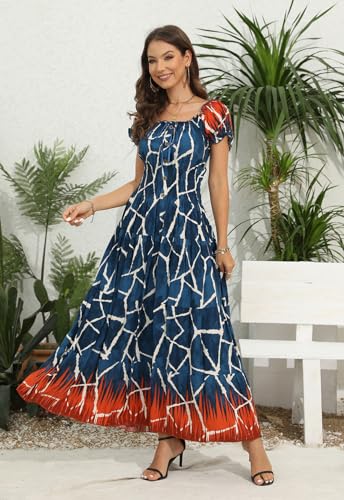 Image of OSTOO Women's Floral Maxi Dress Boho Summer Short Sleeve Smocked Waist Tiered Long Dress