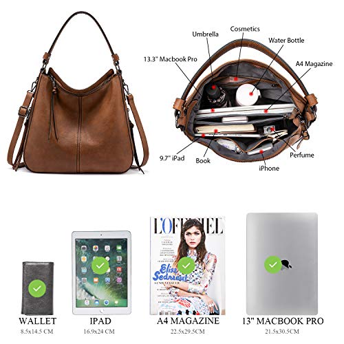 Realer Dames handtassen grote shopper lederen handtas schoudertas portemonnee hobo dames tassen set voor kantoor school winkelen reizen 3 stuks Leder, Bruin-pistool kleur ritssluiting - Image 5