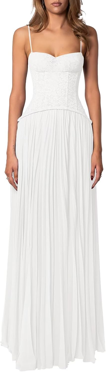 Lace Bridesmaid Dresses for Women Long Formal Pleated Chiffon Prom Dress