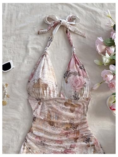 Verdusa Women's Floral Tiered Layered Halter Dress Ruched Backless Mini Dresses4