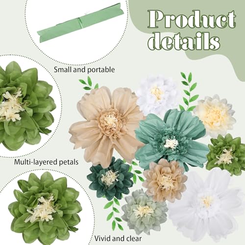 Image of TaoBary Large Colorful Tissue Paper Flowers Giant Fiesta Paper Pom Poms Classroom Wall Decor Mexican Birthday Party Decorations Wedding Backdrop(20 inch and 10 inch,Green Series,12 Pcs)
