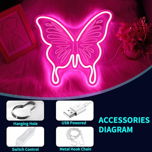 Image of Butterfly Neon Sign, JGHTURIE Pink Neon Signs for Wall Decor Engraved LED Light Up Sign Room Decor for Club Party Bar Signs Decoration USB Powered