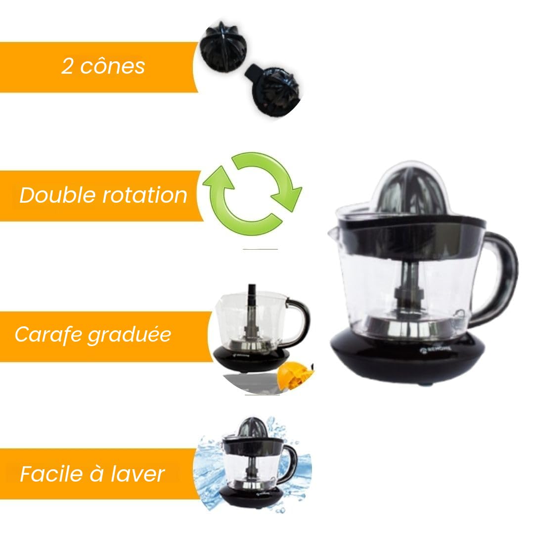 Behome Presse agrumes électrique, petite contenance 700 ml, en plastique, mouvement bidirectionnel, avec double cône de pressage, carafe graduée, noir