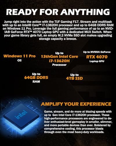 Image of ASUS TUF F17 Gaming Laptop - 17.3 inch QHD 240Hz Display | Intel i7-13620H | NVIDIA GeForce RTX 4070 Laptop GPU 8 GB GDDR6 | Backlit Keyboard | Windows 11 Pro + MS Office Lifetime | 32GB DDR5 + 2TB SSD