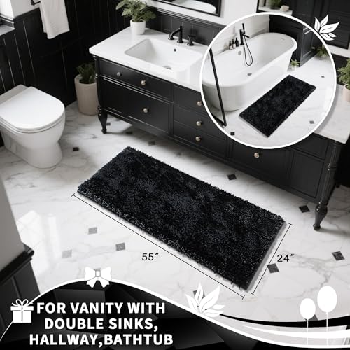 Image of Yimobra Long Bathroom Rugs Runner 55x24 Inch, Extra Thick Soft Absorbent Chenille Bath Mat, Non Slip Machine Washable, Quick Dry Bath Rugs for Bathroom Floor, Tub and Shower, Black