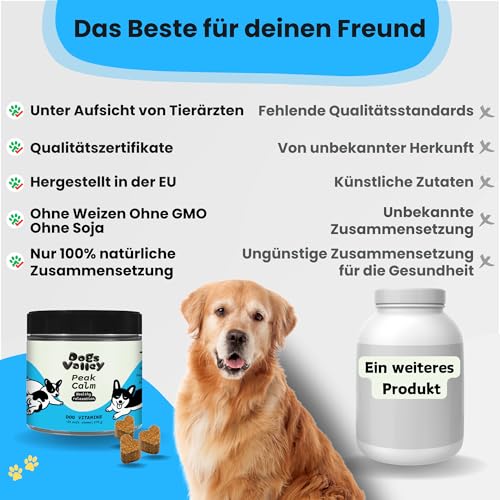Dogs Valley Vitamine für Hunde Peak Calm - 90Stk Hundeleckerlis – Natürliches Entspannungsleckerli mit Baldrian, L-Theanin, L-Tryptophan, Ashwagandha - zur Stress & Angstlinderung, Lebergeschmack