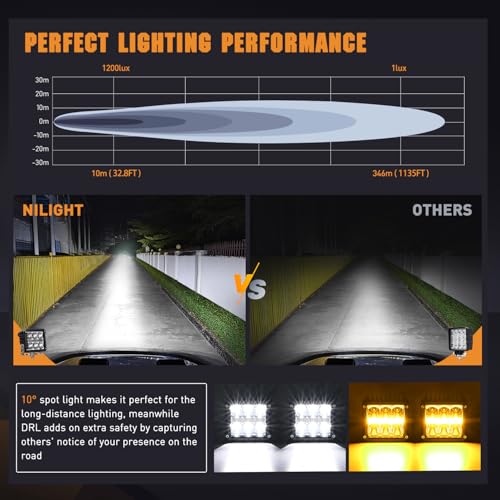 Image of Nilight LED Pod Lights with Amber DRL 4 Inch 60 W Square 6487 LM Super Spot Light w / 16 AWG Wiring Harness Kit for Auxiliary Offroad Driving LED Work Lights for Truck UTV ATV SUV 4x4 Jeep