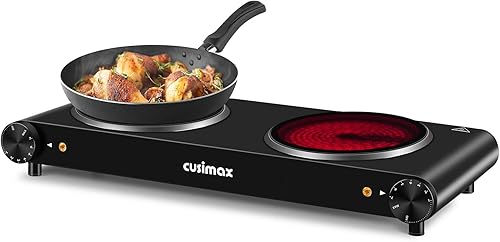 CUSIMAX Quemador doble, quemador eléctrico de 1800 W, placa caliente de cerámica para cocinar, quemador infrarrojo de control doble, placa de vidrio
