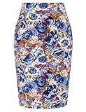 Kate Kasin Womens Floral Print Midi Skirts Knee Length High Waist Stretchy Bodycon Pencil Skirt Blue Rose&Red XX-Large