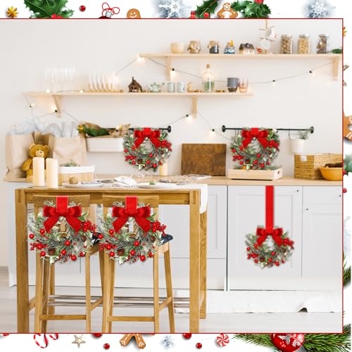 Image of Dingion 6 Pcs 6 inch Christmas in July Mini Cabinet Wreaths for Kitchen with Ribbon Bows Red Berry Small Window Wreath for Window Door Farmhouse Christmas Party Decorations