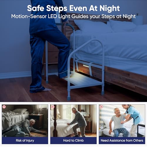 Image of step2bed Bed Step Stool for Adults - Adjustable Bedside Platform with Safety Handle, Motion Sensor Light & Wide Base, Bedside Steps for Beds and Seniors