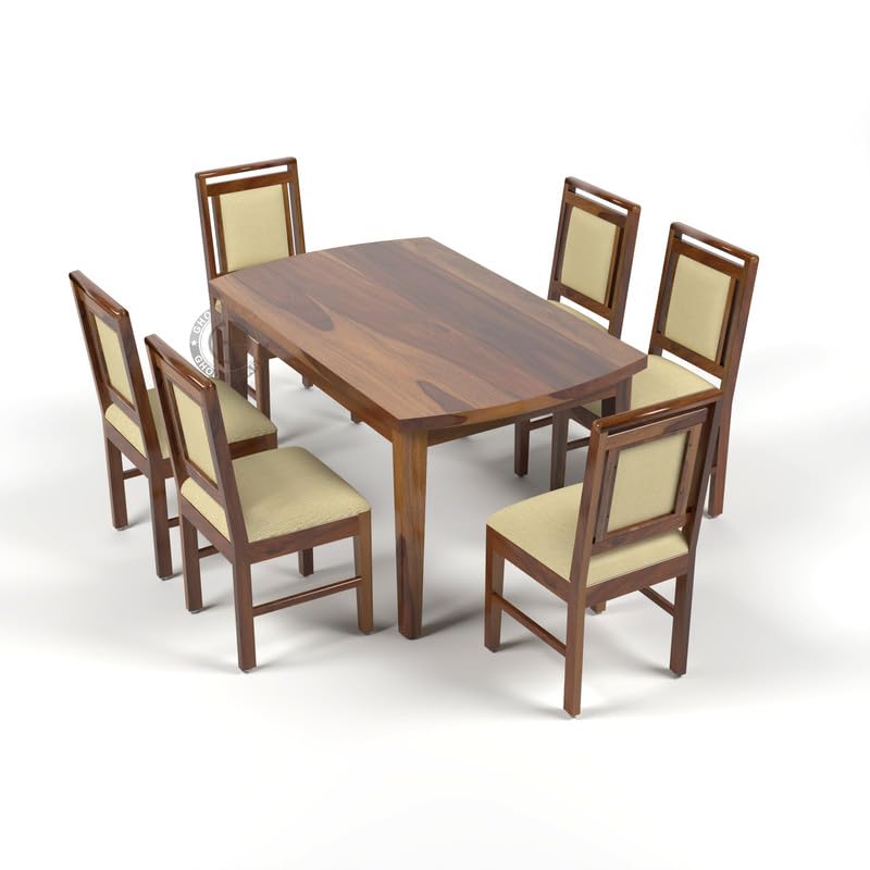 Image of Sheesham Wood Oval Dining Table with Cushion Chairs Set for Home Hall | Solid Wood Dinner Table with Chairs for Hotels | Dining Room Sets (Natural Finish, 6 Seater)