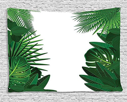 Ambesonne Leaf Tapestry, Exotic Fantasy Hawaiian Tropical Palm Leaves Floral Graphic Art Print, Wide Wall Hanging for Bedroom Living Room Dorm, 60" X 40", Green White