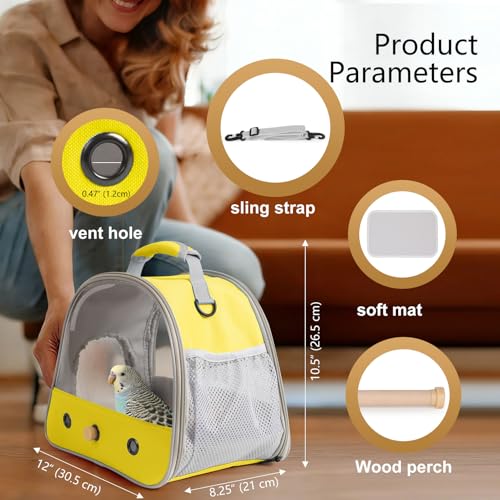 Image of Bird Carrier, Portable Small Bird Parrot Parakeet Carrier with Standing Perch and Stainless Steel Tray, Side Access Window Collapsible (Yellow, Clear Windows)