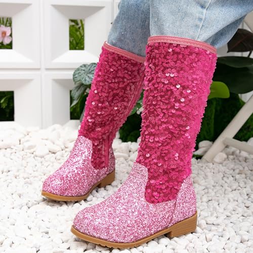 IWIHMIV Toddler Girl Princess Boots Mid Calf Glitter Riding Boots for Girls Non Slip Winter Long Booties with Zipper3