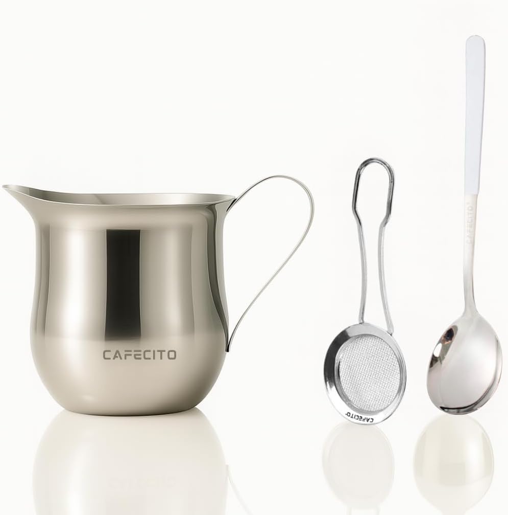 CAFECITO® Espumita Ritual & Finishing Set – Cuban Coffee Preparation Tools with 6 oz Stainless Steel Crema Pitcher, Espresso Whisking Spoon & Cocoa Sifter Spoon – Authentic Cafecito