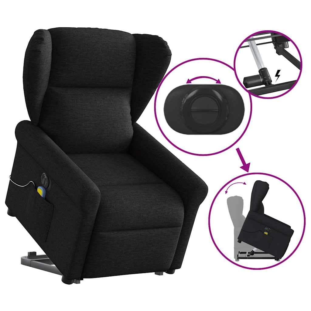 Sillón elevador eléctrico eléctrico negro de tela con 6 puntos de masaje, función de reclinación eléctrica y elevación asistida para un asiento cómodo y relajante,