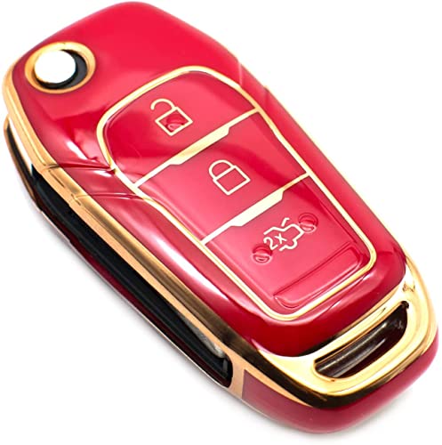 Image of JVCV Gold Border TPU Key Cover Compatible with Ford Endeavour Figo Aspire Freestyle 3 Button Folding Key (Red).