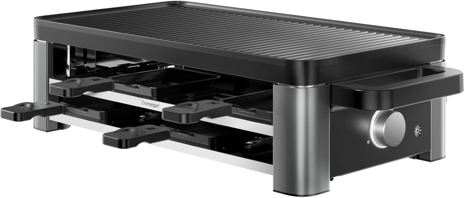 WMF Master Raclette Grill mit Keramikpfännchen und Schiebern, Raclette 8 Personen, 1500 W, mit Ablage, variable Temperaturkontrolle, antihaftbeschichtet, spülmaschinengeeignet, edelstahl schwarz matt