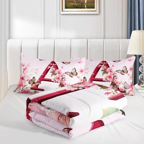 Image of AILONEN Queen Floral Initial A Comforter Set, Pink Blossom Butterfly Bedding, Monogram Letter Decor, Lightweight Microfiber Luxury Guest Master Bedroom