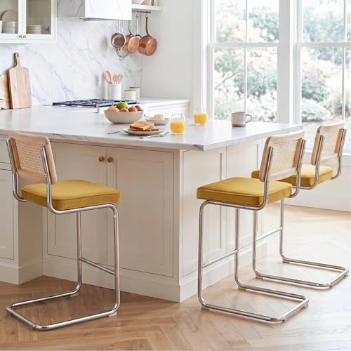 Image of Zesthouse Natural Rattan Counter Stools Set of 3, 26 inch Mid Century Modern Bar Stools with Solid Wood Frame & Chrome Base, Upholstered Velvet Counter Height Barstools for Kitchen Island, Yellow