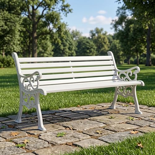 Image of BRISHI 3 Seater cast Iron Garden Bench for Indoor & Outdoor Park /Patio /Living Room /Terrace /Balcony (White)