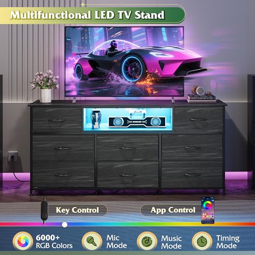Image of WLIVE Dresser TV Stand for 65 Inch TV, 8 Drawers, LED, Black Wood Grain