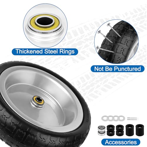 Image of 13 Inch Flat Free Wheels Tires 4.00-6 Solid Replacement with Universal 5 /8 inch Axle Bore Hole, 4 Spacers and 2 Pins, for Wheelbarrow, Garden Wagon, Hand Truck, Trolley, Lawn Mower, 1 Pack