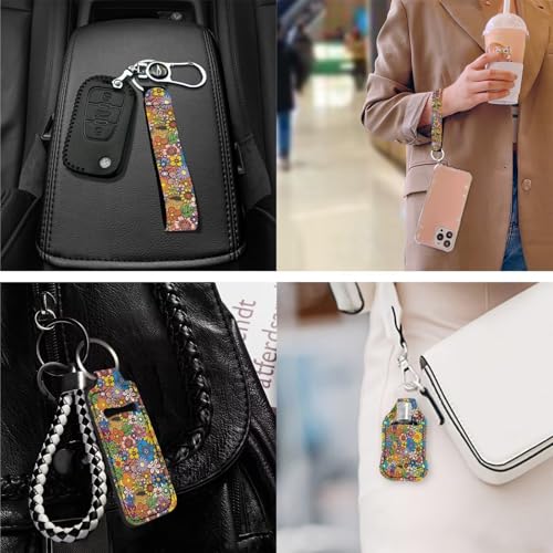Suobstales Hippie Flower Travel Bottle Holders Chapstick Keychain Set of 3,Colorful Cartoon Floral Lipstick Holder+Hand Sanitizer Keychain Holder+Hand Wrist Lanyard for Women Gifts Portable Pouch