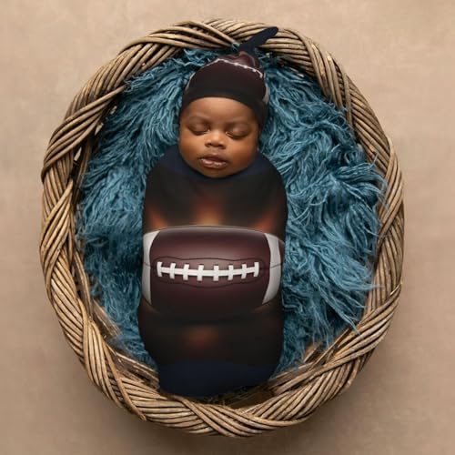 Image of American Football Ball Newborn Swaddle Blanket with Beanie Set Soft Baby Sack Stretch Adjustable Swaddle Wraps Receiving Blankets