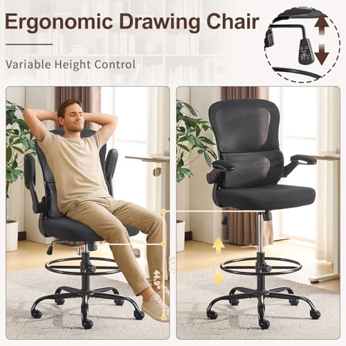 Image of Karl home Ergonomic Drafting Chair, Black | Lumbar Support, Flip-Up Armrests, Adjustable Height Footrest Ring, Breathable Mesh, Tall Swivel